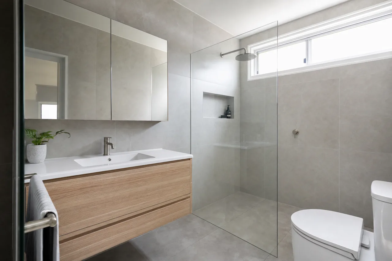 A finished bathroom with a frameless glass walk-in shower, large pale wall tiles, a high window and a wall-hung timber-look vanity with a mirror cabinet — bathroom renovation, Geelong. Illustrative example.